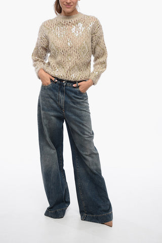 High-waisted Wide Leg Denims with Stone Wash 33cm