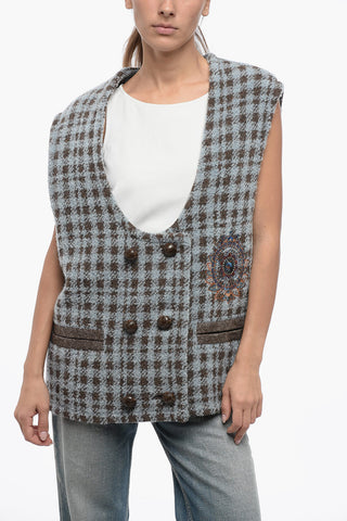 Oversized Houndstooth Motif Vest with Embroidery