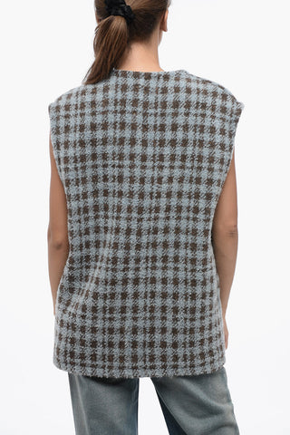 Oversized Houndstooth Motif Vest with Embroidery