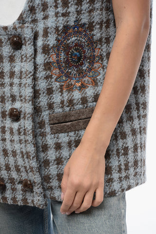 Oversized Houndstooth Motif Vest with Embroidery
