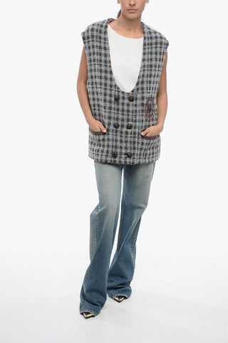 Oversized Houndstooth Motif Vest with Embroidery