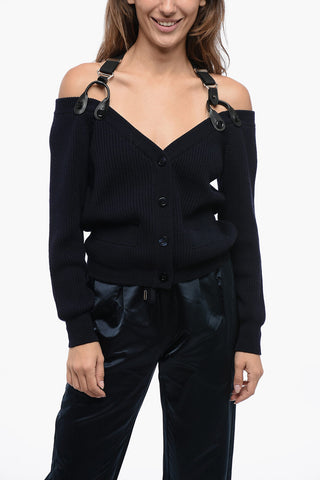 COUTURE Virgin Wool Ribbed Cardigan with Suspenders Detail