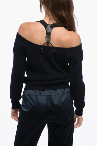 COUTURE Virgin Wool Ribbed Cardigan with Suspenders Detail