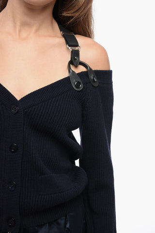 COUTURE Virgin Wool Ribbed Cardigan with Suspenders Detail
