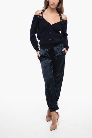 COUTURE Virgin Wool Ribbed Cardigan with Suspenders Detail
