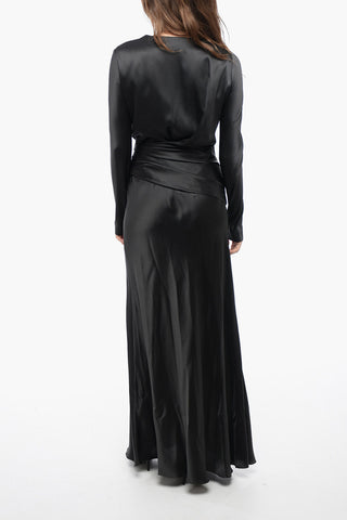 Satin V Neckline Dress with Gathered Detailing