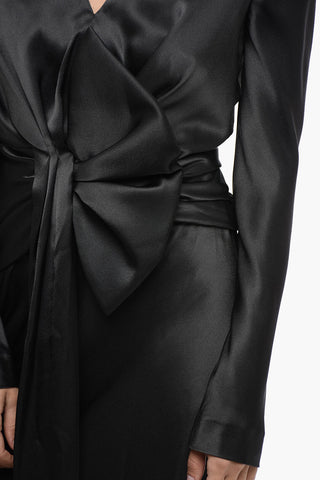 Satin V Neckline Dress with Gathered Detailing