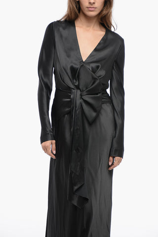 Satin V Neckline Dress with Gathered Detailing