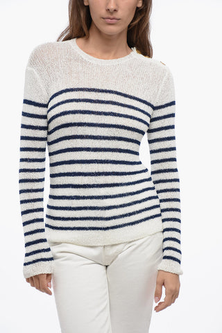 Crew Neck Sequined Fabric Sweater with Awning Motif