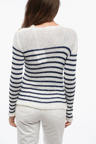Crew Neck Sequined Fabric Sweater with Awning Motif