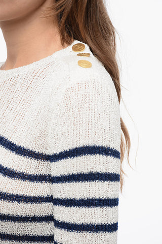 Crew Neck Sequined Fabric Sweater with Awning Motif