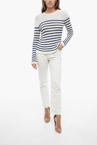Crew Neck Sequined Fabric Sweater with Awning Motif