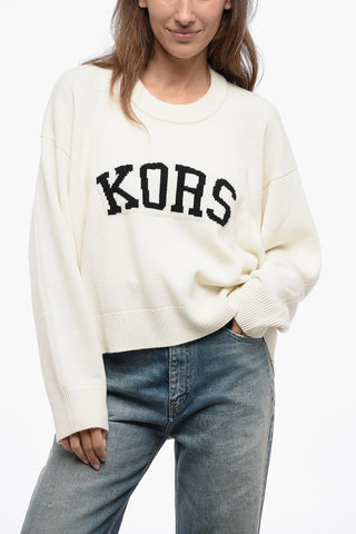 Crew Neck Wool Blend Sweater with Jacquard Logo