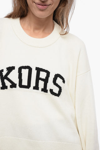 Crew Neck Wool Blend Sweater with Jacquard Logo