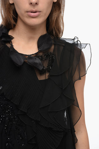 Georgette Plited and Ruffle Desing Dress with Shimmer Embroderies