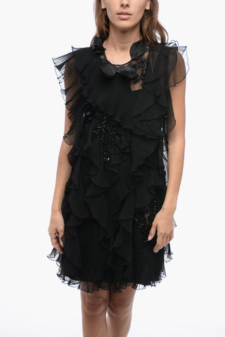 Georgette Plited and Ruffle Desing Dress with Shimmer Embroderies