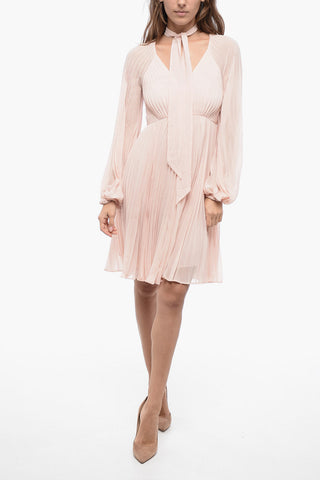 Pleated SUNRAY Tie-Neck Mini Dress