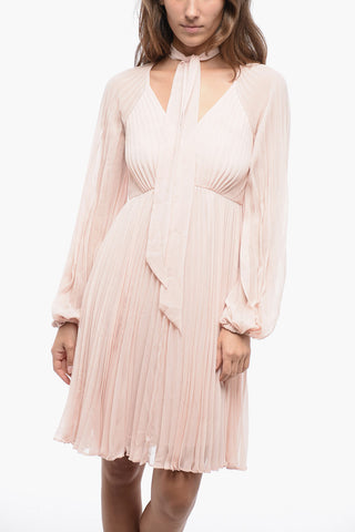 Pleated SUNRAY Tie-Neck Mini Dress