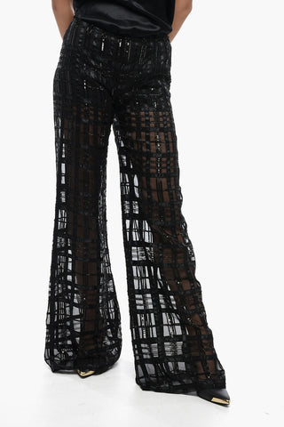 Pantaloni in Georgette con Motivo a Quadri Ricamato