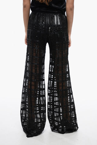 Pantaloni in Georgette con Motivo a Quadri Ricamato