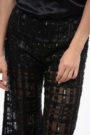 Pantaloni in Georgette con Motivo a Quadri Ricamato