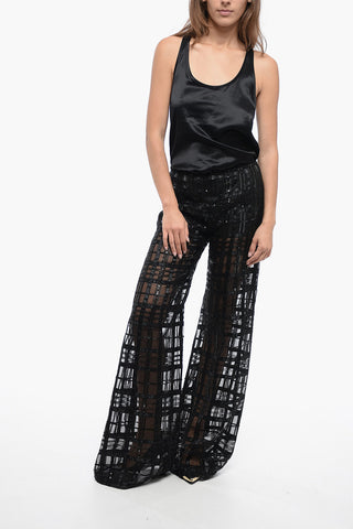 Pantaloni in Georgette con Motivo a Quadri Ricamato