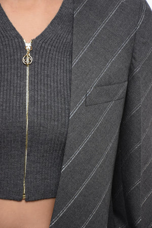 Blazer Senza Colletto in Lana a Righe in Lurex