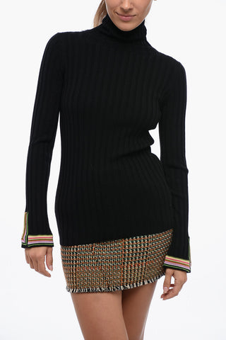 Ribbed Sweater with Multicolor Cuffs Detail