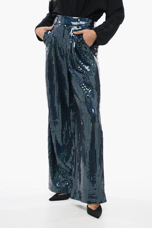 Wide-Leg All-Over Sequin Pants with Pleats
