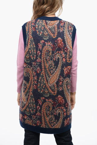 Maxi Buttoned Gilet with Paisley Motif