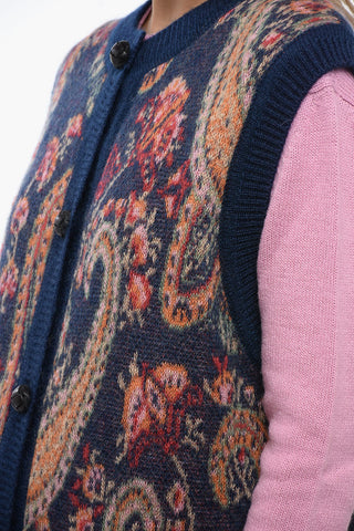 Maxi Buttoned Gilet with Paisley Motif