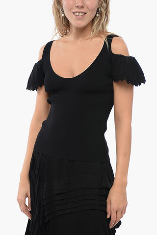 Top a Coste Cut-Out con Maniche Arricciate