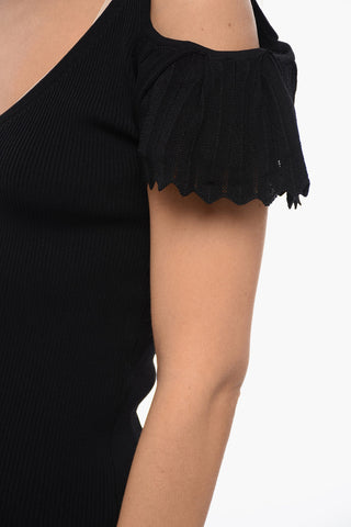 Top a Coste Cut-Out con Maniche Arricciate