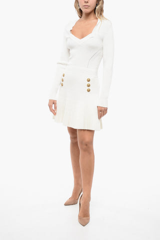 Accordion Skirt Knitted Dress with Logoed Buttons
