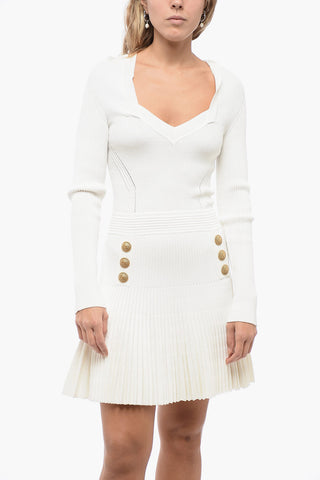 Accordion Skirt Knitted Dress with Logoed Buttons
