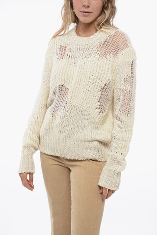 Crew Neck Openwork Wool Blend Sweater with Lived-in Effect