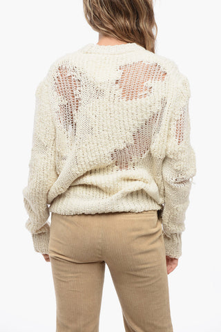 Crew Neck Openwork Wool Blend Sweater with Lived-in Effect