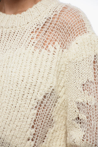 Crew Neck Openwork Wool Blend Sweater with Lived-in Effect
