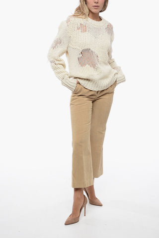 Crew Neck Openwork Wool Blend Sweater with Lived-in Effect