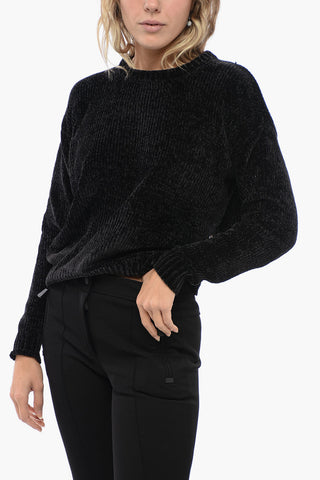 Crew Neck Chenille Sweater with Buttoned Detail