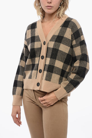 Wool Blend Cardigan with Check Pattern