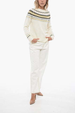 Crew Neck Wool Blend Sweater with Fairisle Motif
