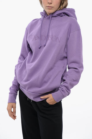 Felpa Hoodie in Cotone Felpato con Logo Ricamato