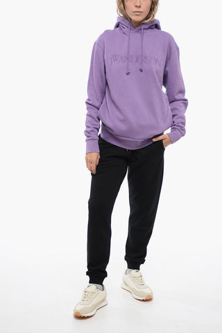 Felpa Hoodie in Cotone Felpato con Logo Ricamato