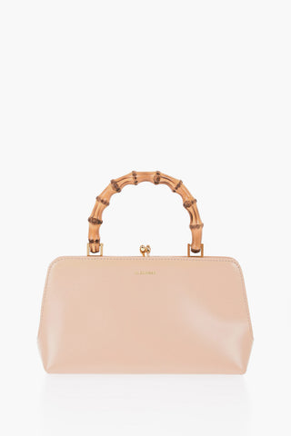 Bamboo Handle Leather Handbag with Clip Clap Closure