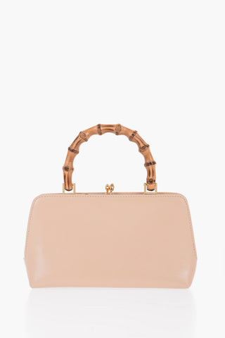 Bamboo Handle Leather Handbag with Clip Clap Closure
