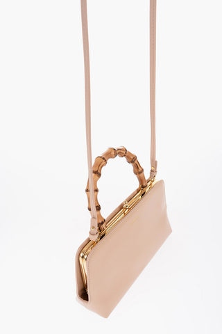 Bamboo Handle Leather Handbag with Clip Clap Closure