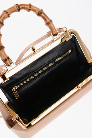 Bamboo Handle Leather Handbag with Clip Clap Closure