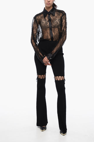 Ribbed Flared Fit Leggings with Lace-up Detail