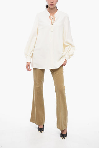 Blusa Open-neck con Maniche a Sbuffo